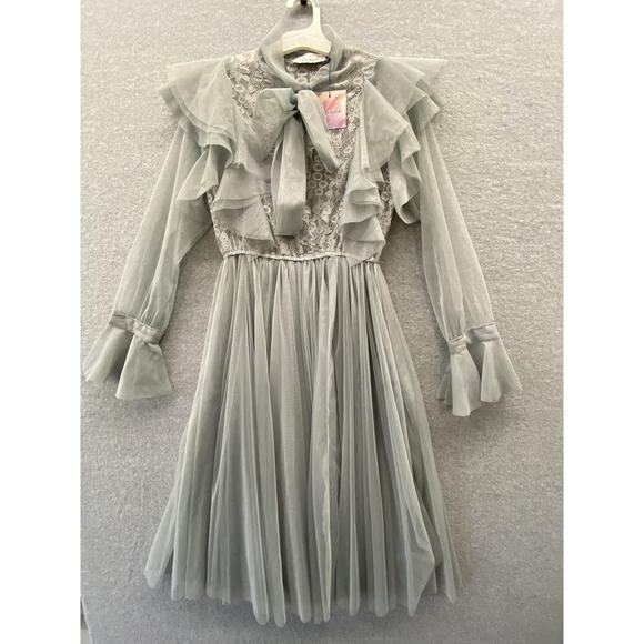 Chicwish Dress Womens Small Sage Gray Lace Ruffle Mesh Coquette Fairy Bow Midi - Picture 1 of 5